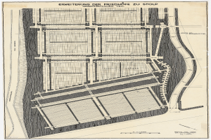 Ein altes Stadtplan mit zahlreichen Gebäuden und einer Stadtkarte, mit Text zur Stadtplanung.