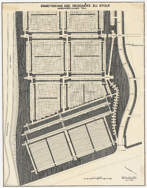 Ein altes Stadtplan mit zahlreichen Gebäuden und einer Stadtkarte, mit Text zur Stadtplanung.