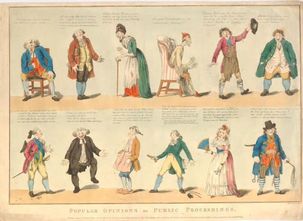 Papier mit gedruckten Bildern von Menschen und handgeschriebenem Text, das öffentliche Meinungen zu den Vorgängen darstellt.