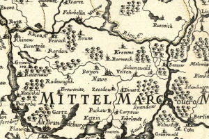 Alte detaillierte Karte von Mittelmarc, Deutschland, mit klassischer Schrift, die Städte, Ortschaften und geografische Merkmale zeigt.