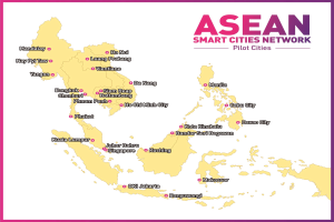 Ein Plakat, das eine detaillierte Karte des ASEAN Smart Cities Network zeigt und dessen Pilotstädte und -orte hervorhebt.