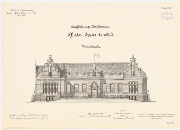 Eine Zeichnung des Hauptsaals des Deutschen Parlaments in Berlin, die eine Flagge auf dem Dach und begleitenden Text zeigt.