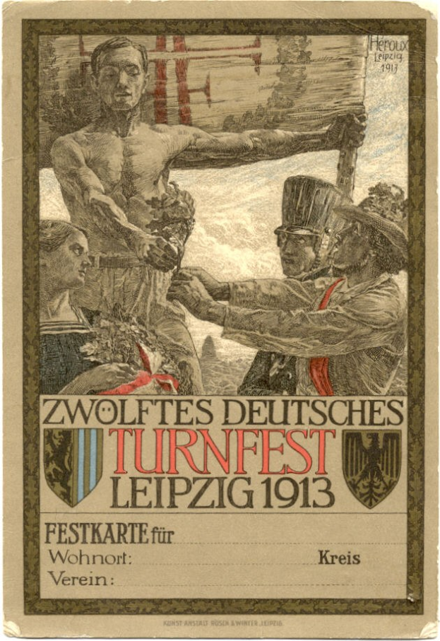 Plakat für das Zwölfte Deutsche Turnfest Leipzig 1913, mit einer zentralen Gruppe von Menschen und Text mit Veranstaltungseinzelheiten.