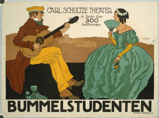 Plakat für ein Konzert im Carl-Schulze-Theater in Berlin mit einem Mann, der eine Gitarre spielt, und einer Frau, die einen Fächer hält, mit Text.