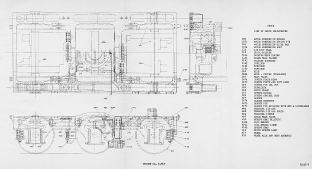 Detailierte Linienzeichnung eines Automotors auf Papier mit beschrifteten Komponenten und erklärendem Text.