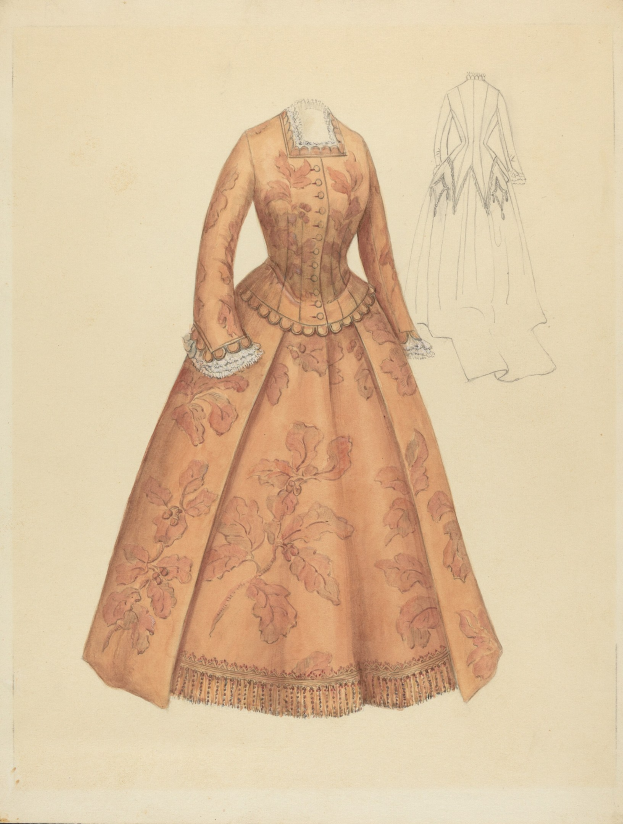 Ausführliches Kostümdesign aus dem 18. Jahrhundert für ein bodenlanges Kleid mit hohem Kragen, floralem Muster auf Rosa, Lila und Blau, sowie einer Spitzenborte am Rock.