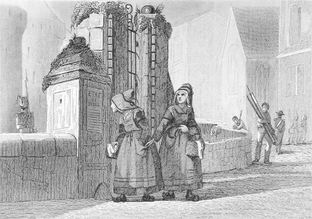 Schwarz-Weiß-Gravur Von Zwei Frauen, Die Vor Einem Gebäude Stehen, Mit Einigen Anderen Menschen Im Hintergrund, Betitelt Mit "Victorian Women In The City Of London."