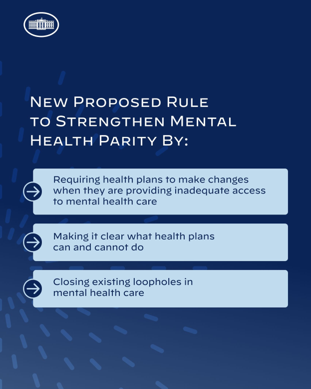 Blauer Hintergrund mit wei├čer Schrift und einem wei├čen Kreis-Logo mit einer blauen Umrandung, das eine neue Regel zur St├Ąrkung der psychischen Gesundheit umrandet.