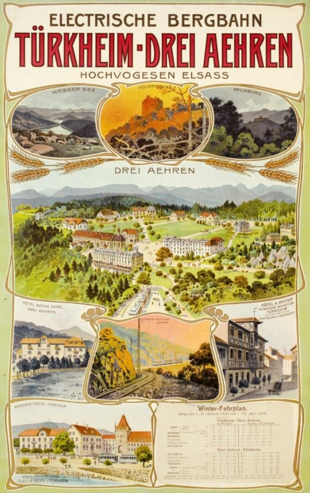 Plakat wirbt für Bergbahn, Deutschland, als elektrisches Stadt mit Bildern von Gebäuden, Bäumen, Hügeln und beschreibendem Text.