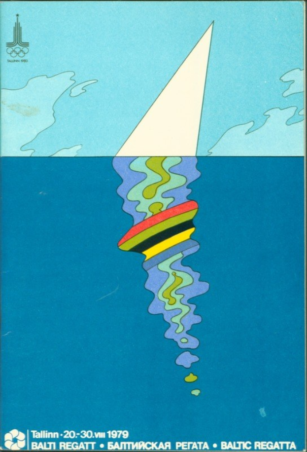 Plakat für die Baltic Regatta 1979 mit einem leuchtend blauen und gelben Boot mit weißer Segel auf hellblauem Wasser, weißer Schrift 'Baltic Regatta 1979' und einem weißen Kreis-Logo mit blauer Umrandung und gelbem Stern gegen einen hellblauen Himmel mit weißen Wolken.