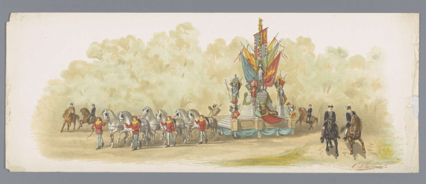 Gemälde von Menschen in bunten Kostümen auf Pferden in einem Karnevalsumzug, mit einem geschmückten Wagen, Bäumen und einem klaren blauen Himmel im Hintergrund.