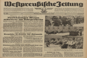 Titelseite einer deutschen Zeitung vom 13. November 1939 mit der Schlagzeile "Weitpreubliche Zeitung", die ein Foto einer Gruppe von Menschen in traditioneller deutscher Kleidung zeigt.