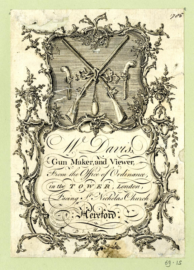 Altes Buch mit einem Rahmenbild einer Pistole auf dem Cover, betitelt mit "Gun Maker and Viewer from the Office of Ordnance in the Tower, London".