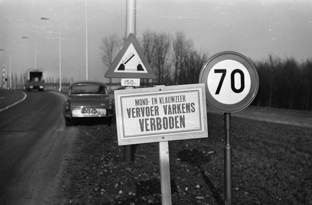 Schwarzes und weißes Foto eines Tempolimitschildes am Straßenrand mit einem vorbeifahrenden Auto, Bäumen, Pfählen und einem klaren Himmel im Hintergrund.
