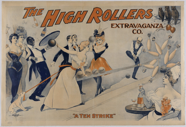 Ein Plakat aus den 1920er Jahren für die High Rollers Extravaganza Co., das ein Bowlingspiel bewirbt, mit Menschen in vintage-Kleidung und dem Text 'Ein Zehner' oben drauf.