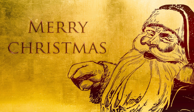 Gemälde von Santa Claus in rot-weißer Uniform mit weißem Bart, der einen Sack voller Geschenke hält, auf goldenem Hintergrund mit dem Text "Frohe Weihnachten".