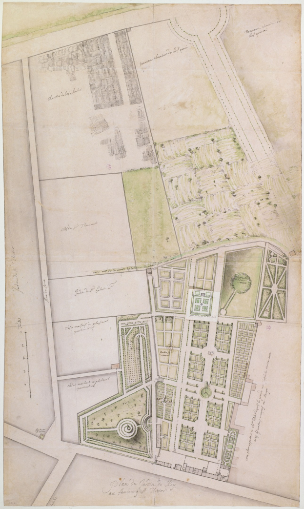 Ausführlicher Stadtplan auf Papier mit Gebäuden, Bäumen, Straßen, Parks und Sehenswürdigkeiten mit begleitendem Text.