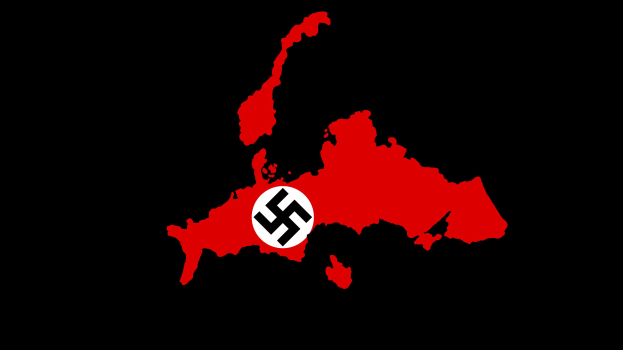 Rote Deutschlandkarte mit einem schwarzen und weißen Nazi-Symbol in der Mitte auf einem weißen Hintergrund.