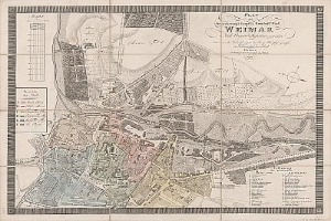 Detailierte alte Karte von Weimar, Deutschland, die Straßen, Gebäude und Sehenswürdigkeiten zeigt, mit begleitendem Text über die Stadt.