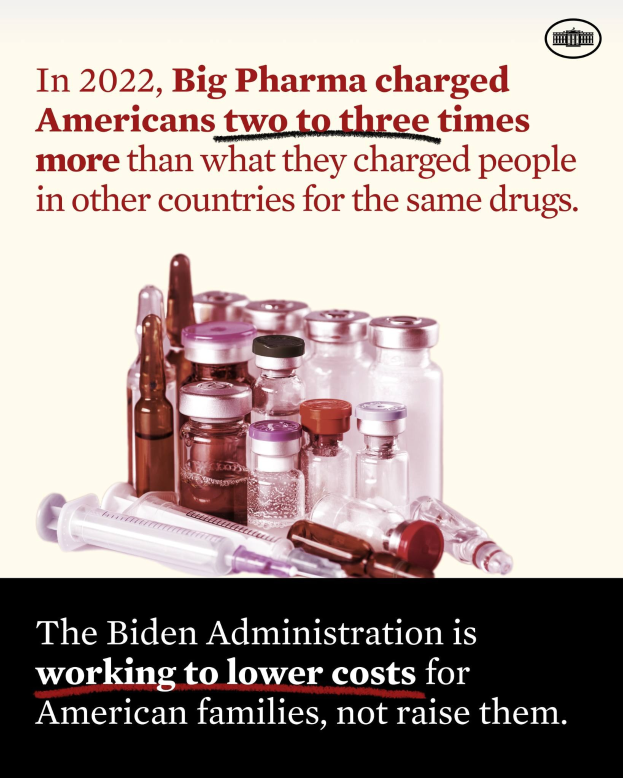 Plakat mit Text, der besagt, dass Big Pharma 2022 Amerikaner zwei bis drei Mal so viel für dieselben Medikamente berechnet hat wie in anderen Ländern, begleitet von Medikamentenflaschen und einer Spritze.