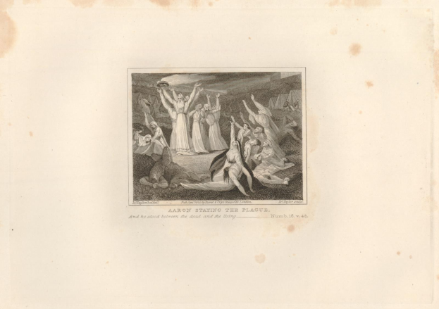 Schwarz-weißer Stich "Aaron Staying the Plague" mit verstörten Menschen in einem Feld unter einem tiefblauen Himmel mit untergehender Sonne.