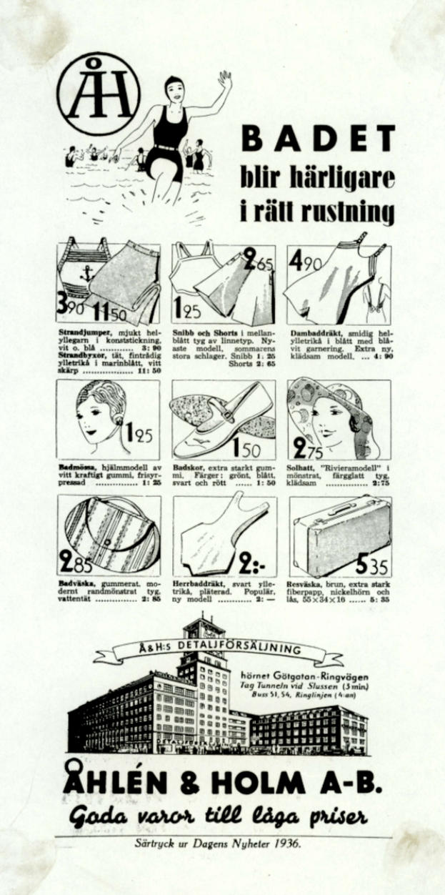 Eine Frau mit Pferdeschwanz, die einen weißen Bikini mit blauen und weißen Streifen trägt, schaut direkt in die Kamera, umgeben von Bildern moderner Gebäude und fetter Schrift.