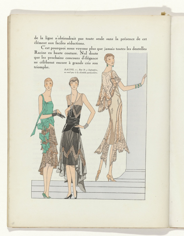 Offenes Buch mit einer 1920er-Modeillustration, die drei Frauen in detaillierten, farbenfrohen Kleidern verschiedener Längen und Stile zeigt, begleitet von Text in einer klassischen Schriftart.