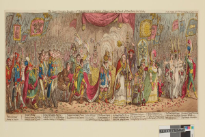 Eine Gruppe von Menschen in farbenfrohen Kostümen steht vor einer Bühne mit einem Vorhang, die den Großen Karneval des Kaisers Napoleon, Frankreich, von der Kirche Saint-Denis, Dezember 1785, feiern, wobei einige Fahnen und Dekorationen halten.
