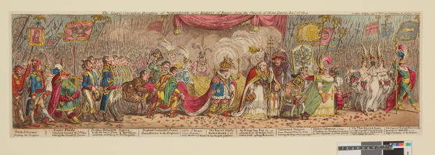 Eine Gruppe von Menschen in farbenfrohen Kostümen steht vor einer Bühne mit einem Vorhang, die den Großen Karneval des Kaisers Napoleon, Frankreich, von der Kirche Saint-Denis, Dezember 1785, feiern, wobei einige Fahnen und Dekorationen halten.