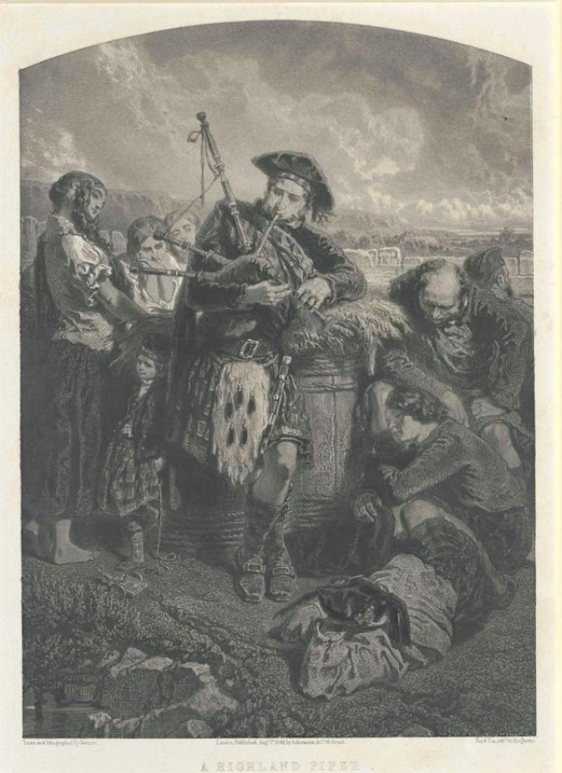 Schwarz-weißes Gravur eines Mannes, der eine Dudelsack vor einer Gruppe von Menschen spielt, mit einem bewölkten Himmel im Hintergrund, beschriftet mit "A Highland Pipe" unten.