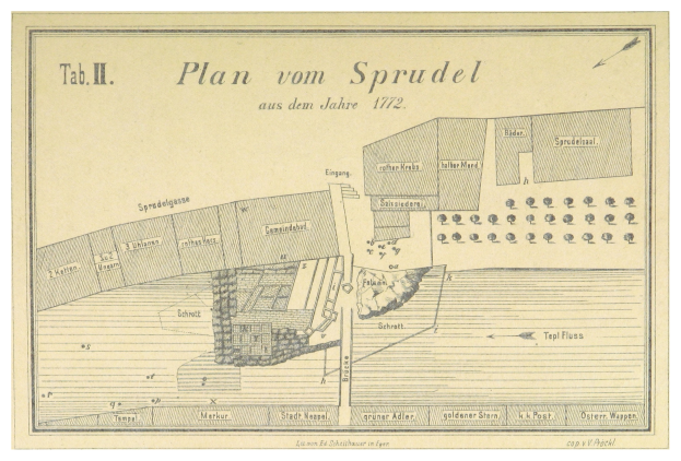Ein Plakat mit einem detaillierten Stadtplan von Spruidel, Deutschland, samt begleitendem Text.