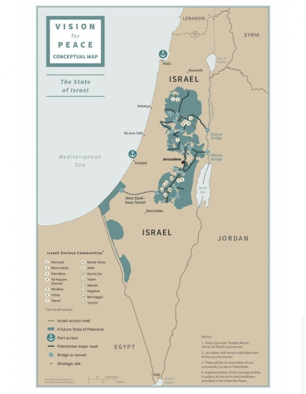 Ein Plakat mit der Aufschrift "Vision für Frieden Konzeptkarte" mit einer farbcodierten Karte Israels in fetter schwarzer Schrift.