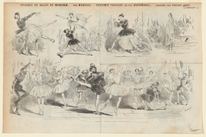 Ein Buchseitenbild mit einer lebendigen Zeichnung einer Gruppe von Menschen, die im Einklang tanzen, mit begleitendem Text, der das Datum, die Uhrzeit und den Ort des Ereignisses angibt.