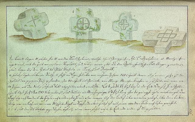 Alter deutscher Familienschrieb von 1823 mit vergilbtem Papier, der eine saubere Kursive Schrift und drei kunstvoll gezeichnete keltische Kreuze enthält.