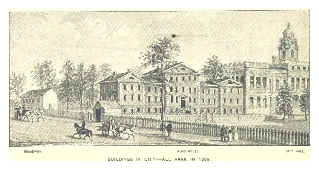 Schwarz-weiß-Zeichnung des Rathausesparks aus dem Jahr 1809, die Gebäude, Bäume, Menschen, Pferdefuhrwerke und einen Zaun zeigt, mit Text am unteren Rand.