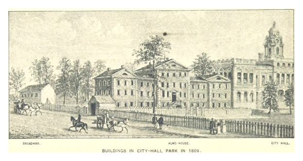 Schwarz-weiß-Zeichnung des Rathausesparks aus dem Jahr 1809, die Gebäude, Bäume, Menschen, Pferdefuhrwerke und einen Zaun zeigt, mit Text am unteren Rand.