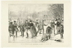 Gruppe von Menschen beim Eislaufen auf einem zugefrorenen Teich in einem Park, mit Bäumen und einer Brücke im Hintergrund, begleitet von einem Text, der "Het us-vermaak in het vondelpark op zondag 10 januari 1887" lautet.