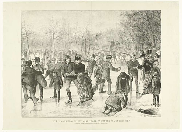 Gruppe von Menschen beim Eislaufen auf einem zugefrorenen Teich in einem Park, mit Bäumen und einer Brücke im Hintergrund, begleitet von einem Text, der "Het us-vermaak in het vondelpark op zondag 10 januari 1887" lautet.