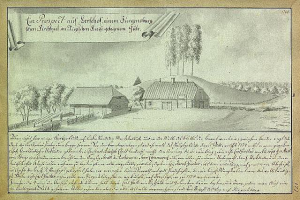 Ein altes Dokument, das einen Hof in einem Feld umgeben von Häusern, Bäumen und Himmel zeigt, mit der Beschriftung "Surgensburg, Deutschland - Landschaft eines Hofs".