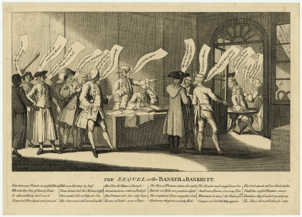 Gruppe von Menschen um einen Tisch mit Papieren, die Dokumente auf dem Tisch in einem Raum mit einer Wand, einer Tür und dem Text "Die Fortsetzung des Bankrotts des Bankers" unten untersuchen.