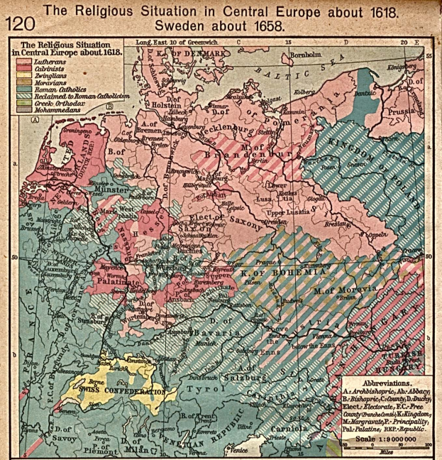 Ein Plakat aus dem Jahr 1618, das eine detaillierte Karte von Mitteleuropa zeigt, mit Texten, die die religiöse Situation in der Region beschreiben.