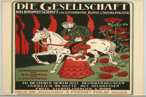 Ein Mann und eine Frau auf einem Pferd umgeben von Rosen, mit Text, der wahrscheinlich ein Ereignis beschreibt, auf einem deutschen Propagandaplakat für die Gesellschaft.