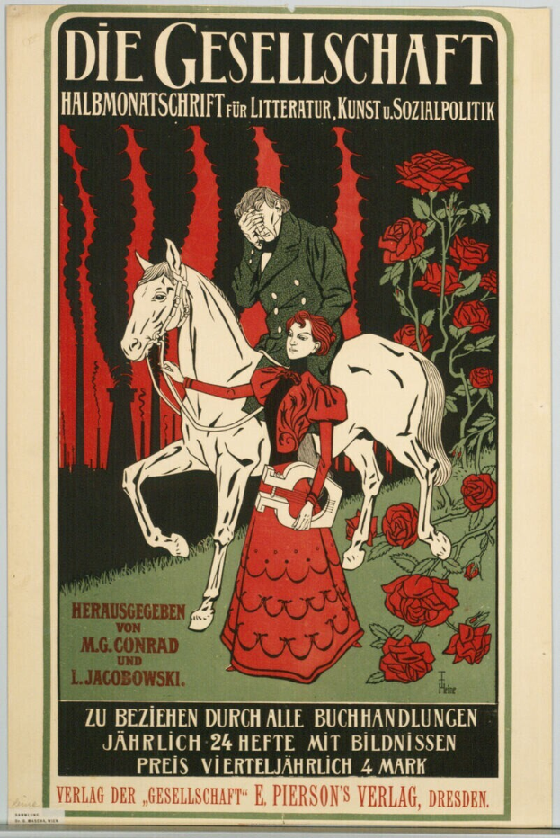 Ein Mann und eine Frau auf einem Pferd umgeben von Rosen, mit Text, der wahrscheinlich ein Ereignis beschreibt, auf einem deutschen Propagandaplakat für die Gesellschaft.