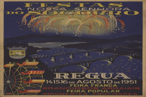 Plakat für ein Festival in Brasilien, das eine Brücke, Wasser, Hügel und Feuerwerk zeigt, mit Text, der Informationen zum Festival enthält.
