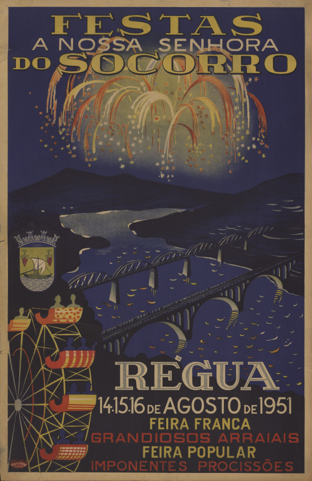 Plakat für ein Festival in Brasilien, das eine Brücke, Wasser, Hügel und Feuerwerk zeigt, mit Text, der Informationen zum Festival enthält.