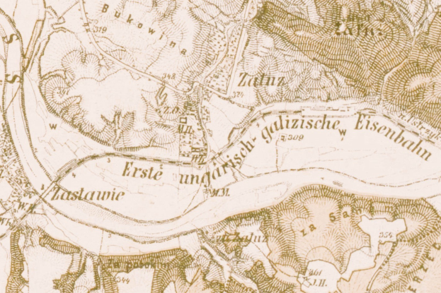 Detailierte alte Karte von Eisenbahn, Deutschland, zeigt Straßen, Gebäude und Sehenswürdigkeiten mit Textanmerkungen.